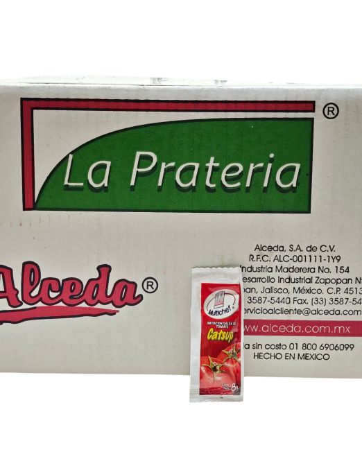Caja de sobres de salsa catsup marca Prateria