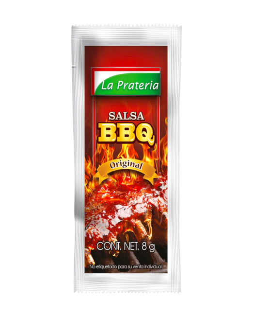 Caja con 1000 sobres de 8 gr. de salsa BBQ marca Prateria