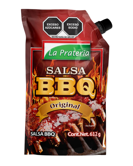 Caja con 6 bolsas de salsa BBQ Pouch de 3 kg marca Prateria